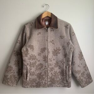 Vintage Pendleton Wool Blend Leather Collar Leaf Pattern Jacket Made in USA Sz M